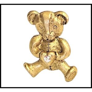 Teddy Bear‎ Brooch Pin Gold Tone Heart Rhinestone Cute Lapel Pin Women Jewelry